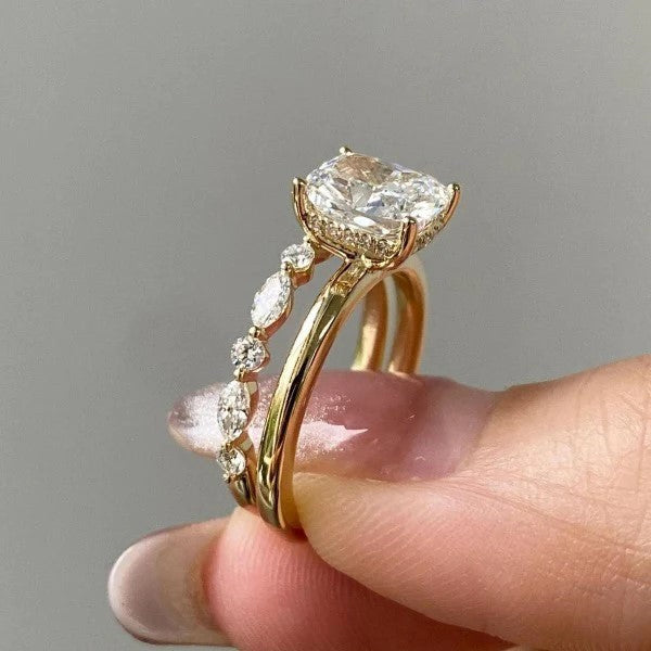 Golden Tone Cushion Cut Solitare Bridal Set Ring in Sterling Silver Shineofdiamond