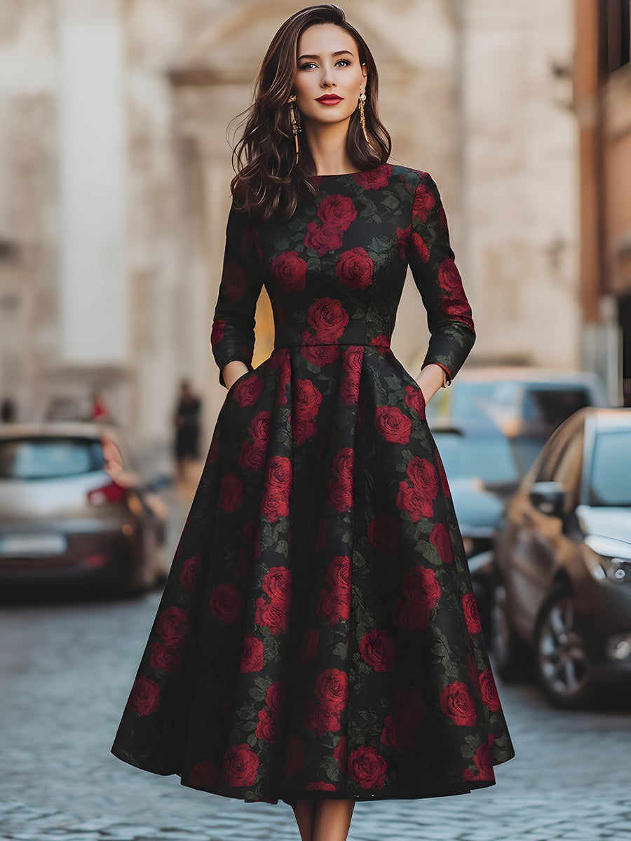 Elegant Jacquard Rose Print Midi Dress HWT