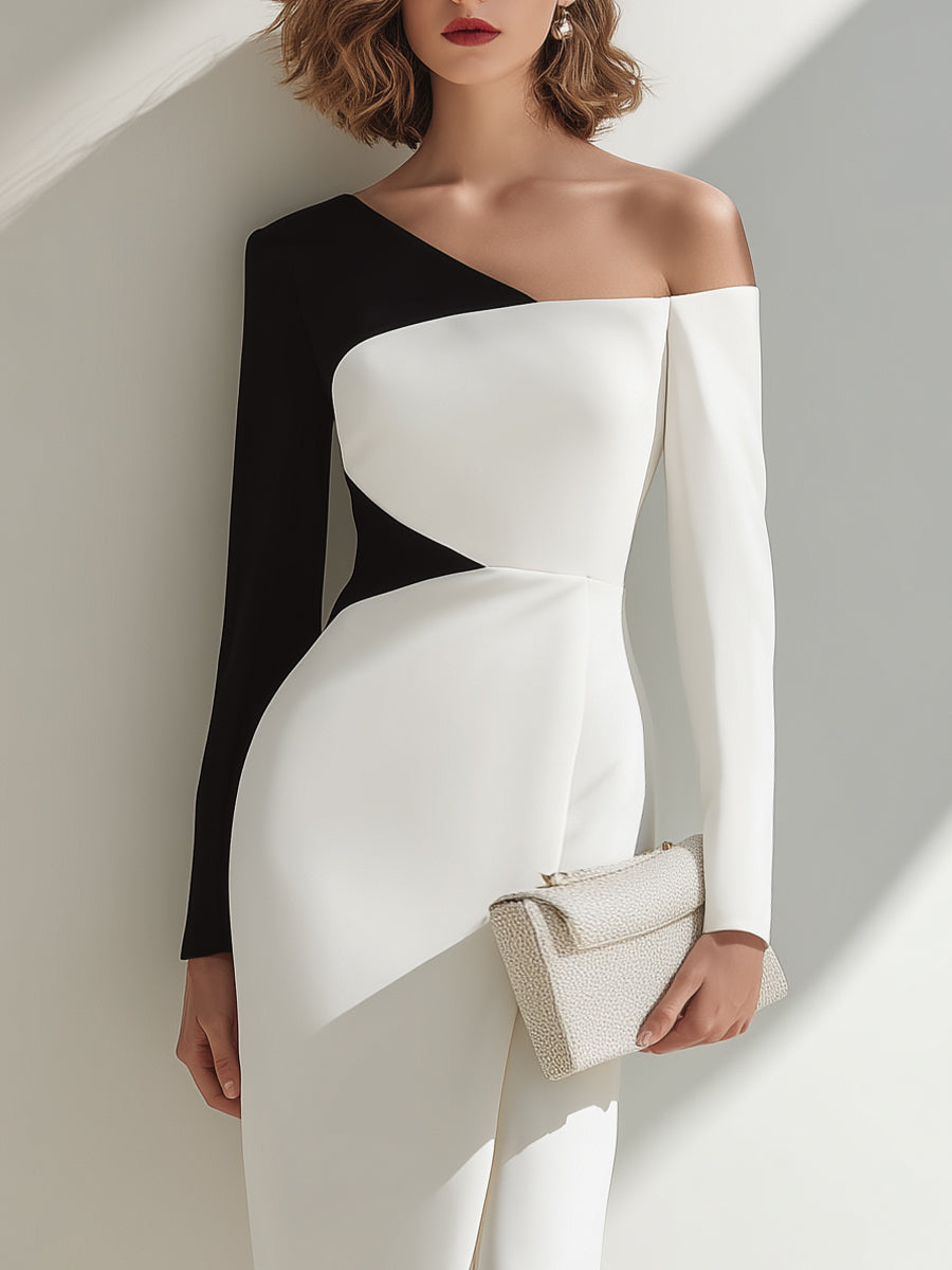 Black And White Asymmetrical One-Shoulder Midi Dress XYS