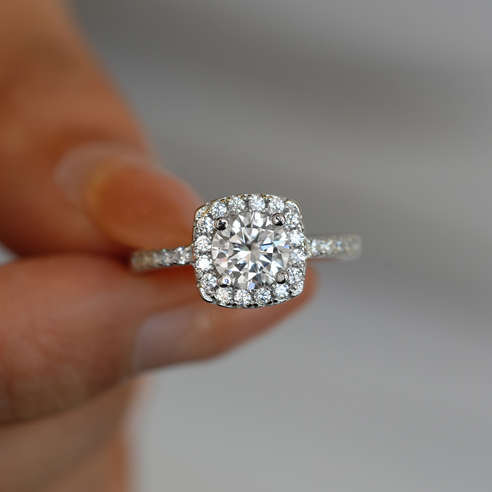 Moissanite Halo Round Cut Sterling Silver Engagement Ring Shineofidamond