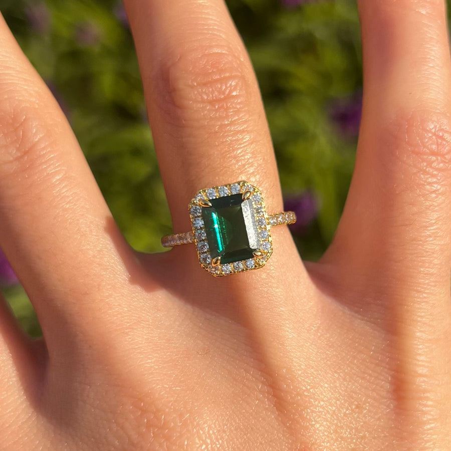 Vintage Green Emerald Cut Halo Insert Design 2 Pcs Bridal Sets Shine of Diamond