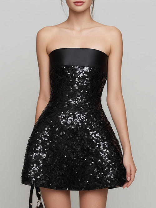 Strapless Satin-Trim Sequin A-Line Mini Dress ZJ