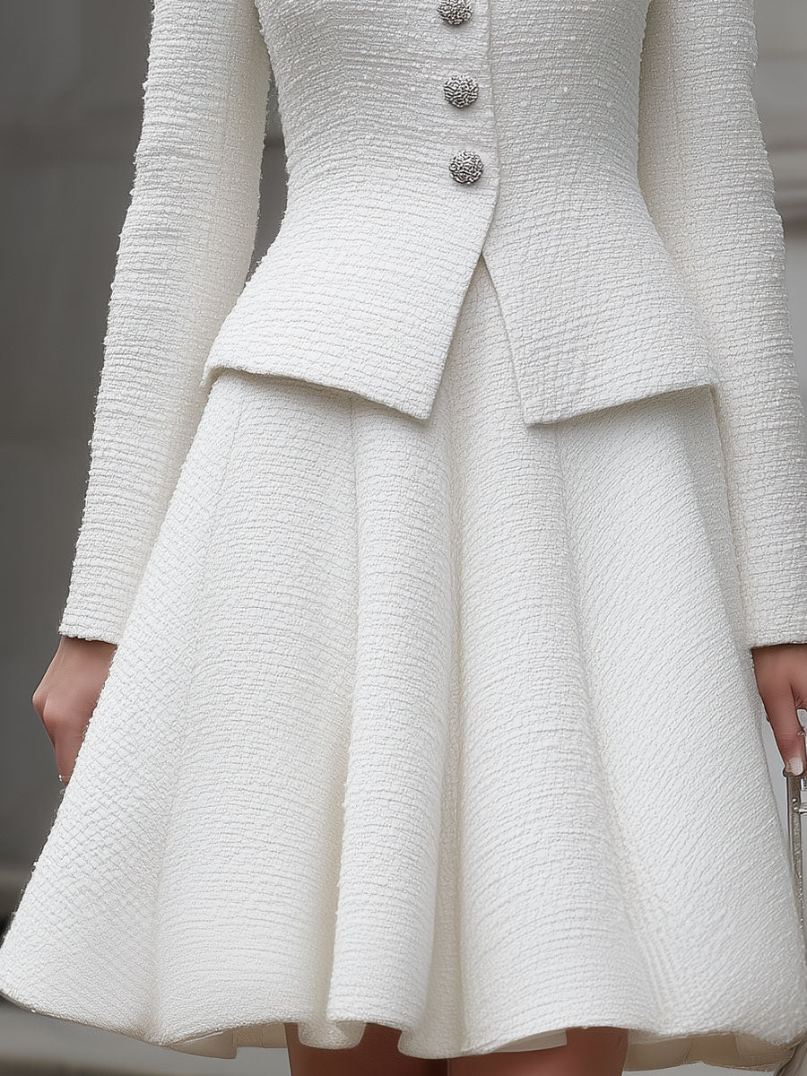 CAAYWORLD Presents The Elegant White Textured Tweed Two-Piece Set SN