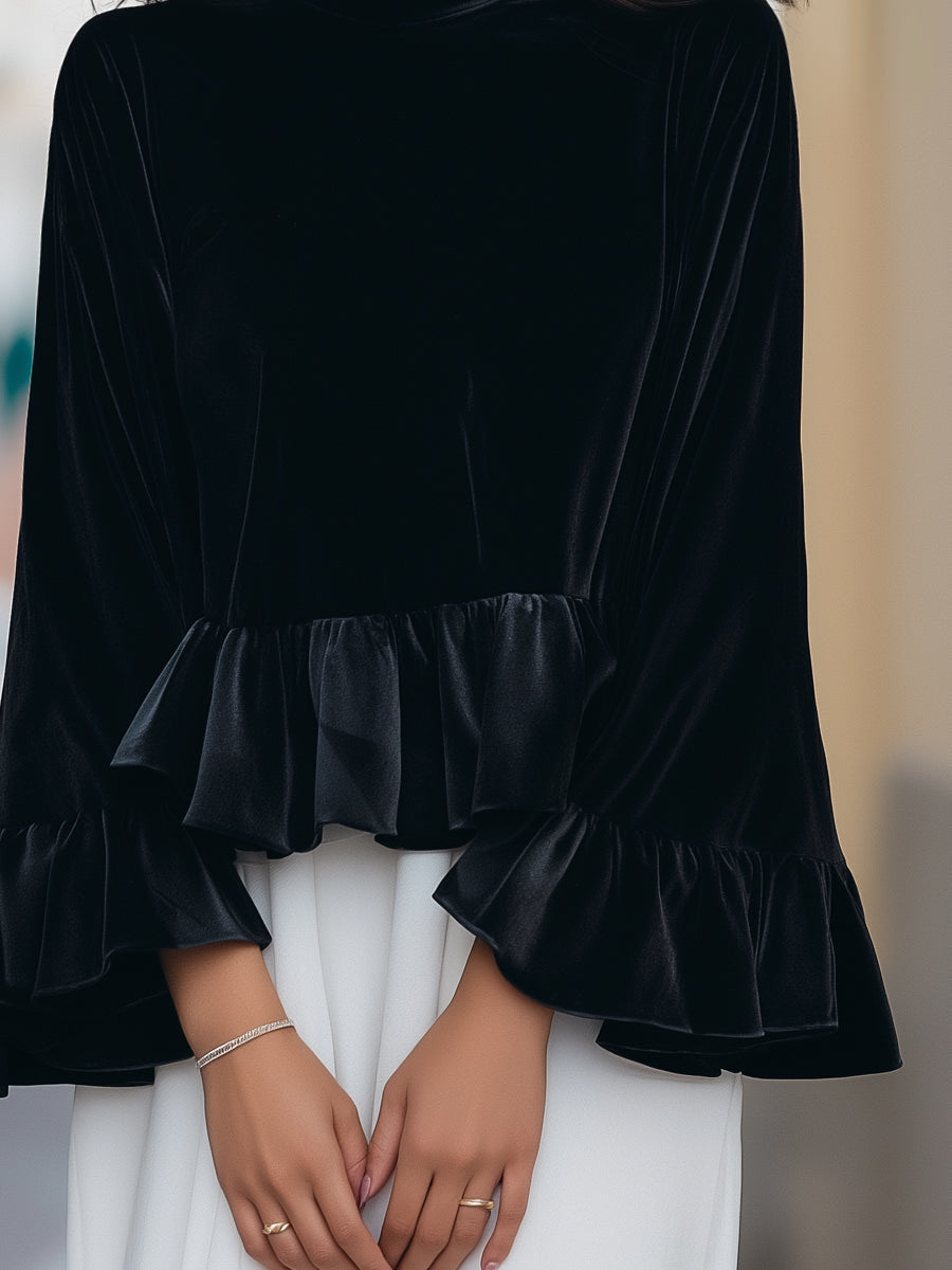 Round Neck Velvet Ruffle-Trim Blouse MLZ