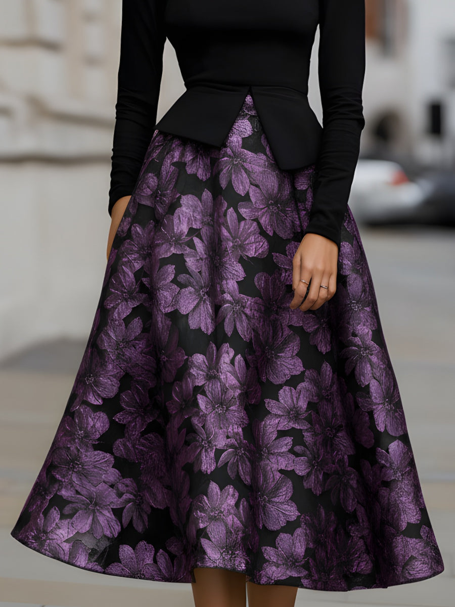 Floral Jacquard Peplum Bodice Midi Dress MLZ