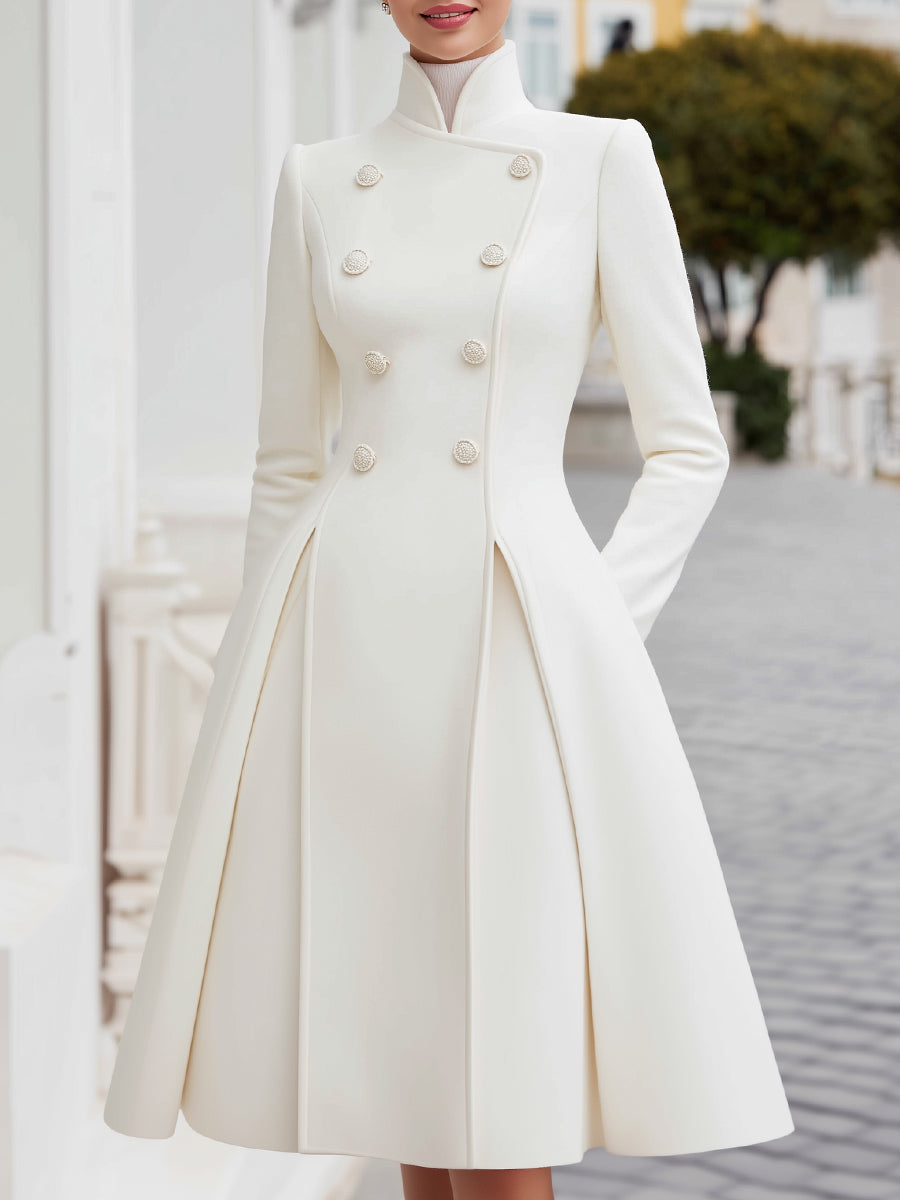 Elegant Double-Breasted Flared A-Line Coat Dress MLZ