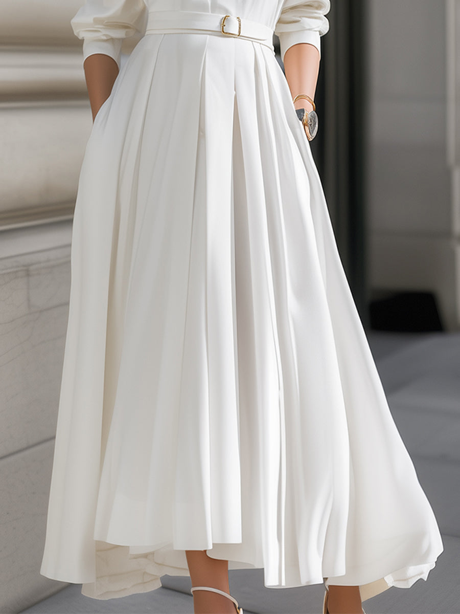Elegant Plain Belted Shirt Dress With Pleated Skirt HWT