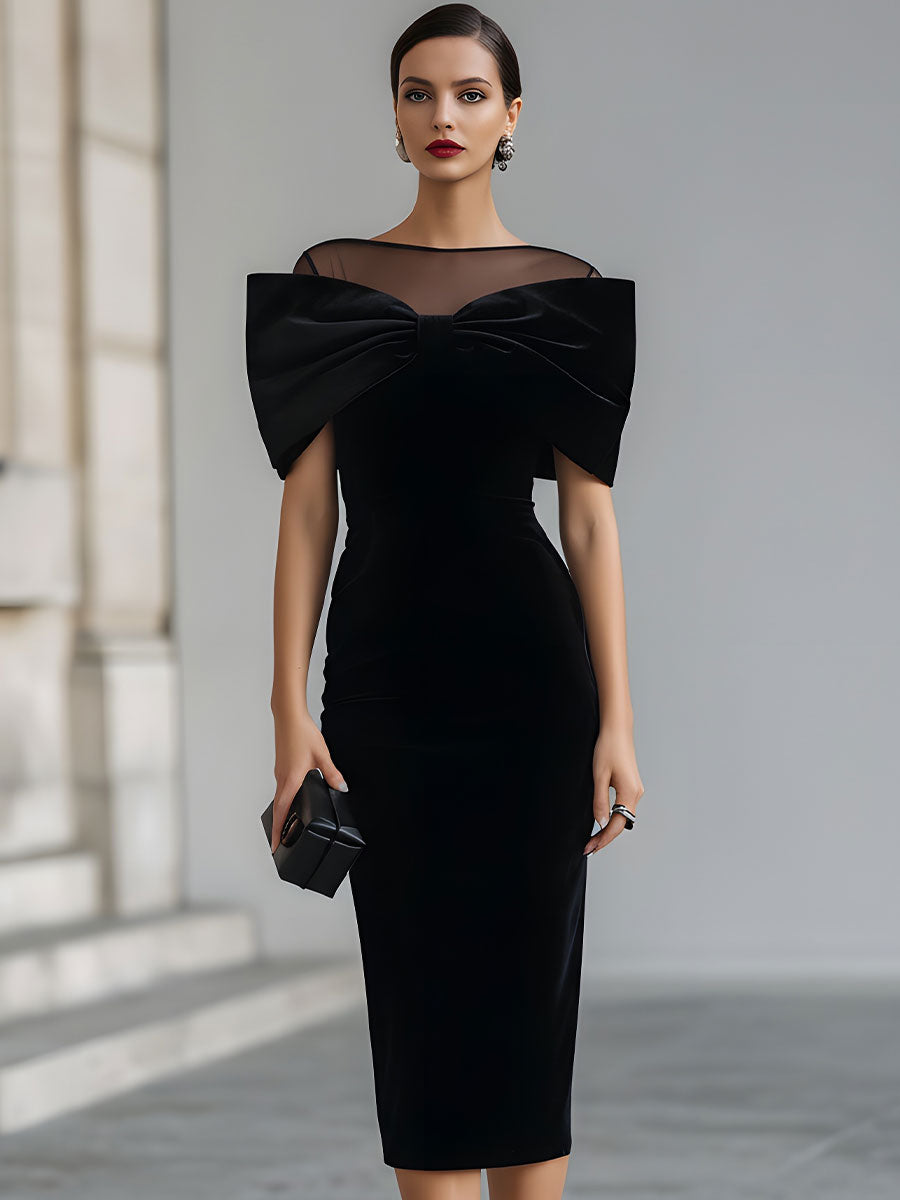 Dramatic Black Velvet Bow Midi Dress SN