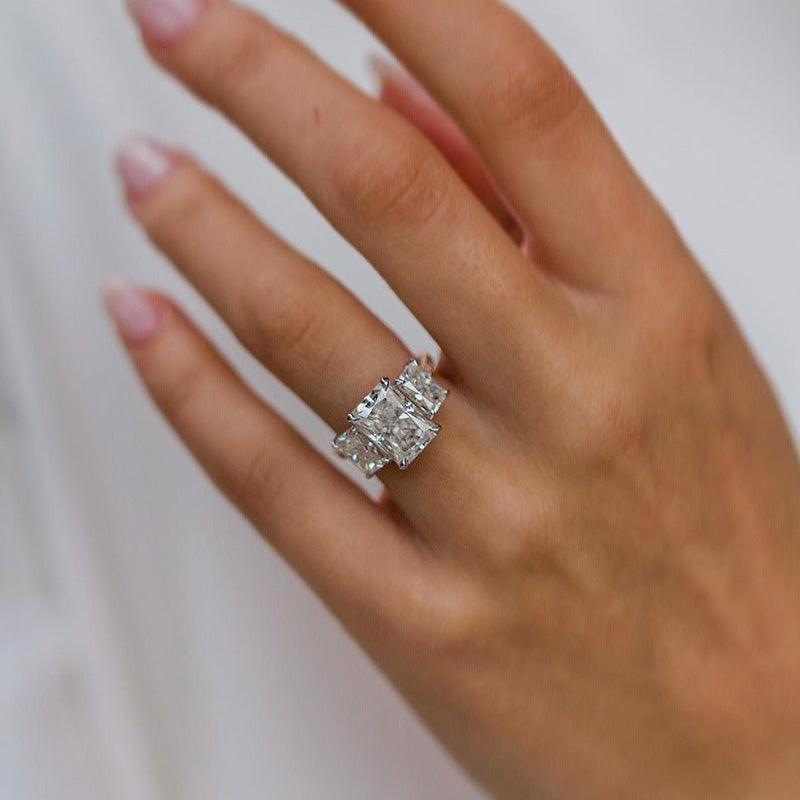 Luxurious Two-Tone Three Stone Radiant Cut Sterling Silver Engagement Ring Shineofdiamond