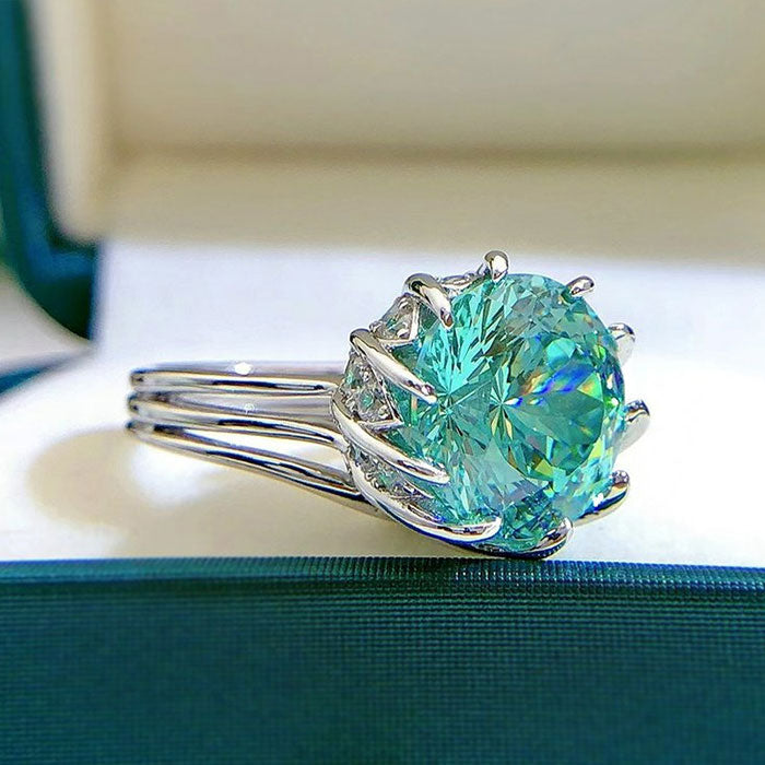 Unique Design Round Cut Green Moissanite Sterling Silver Engagement Ring Shineofdiamond