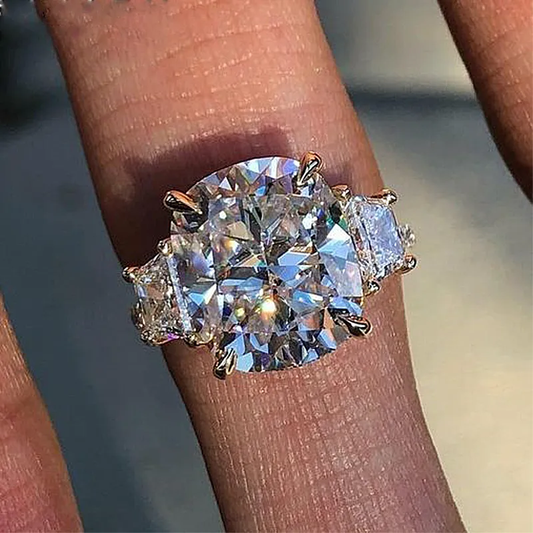 Golden Tone Cushion Cut Three Stone Engagement Ring In Sterling Silver shineofdiamond
