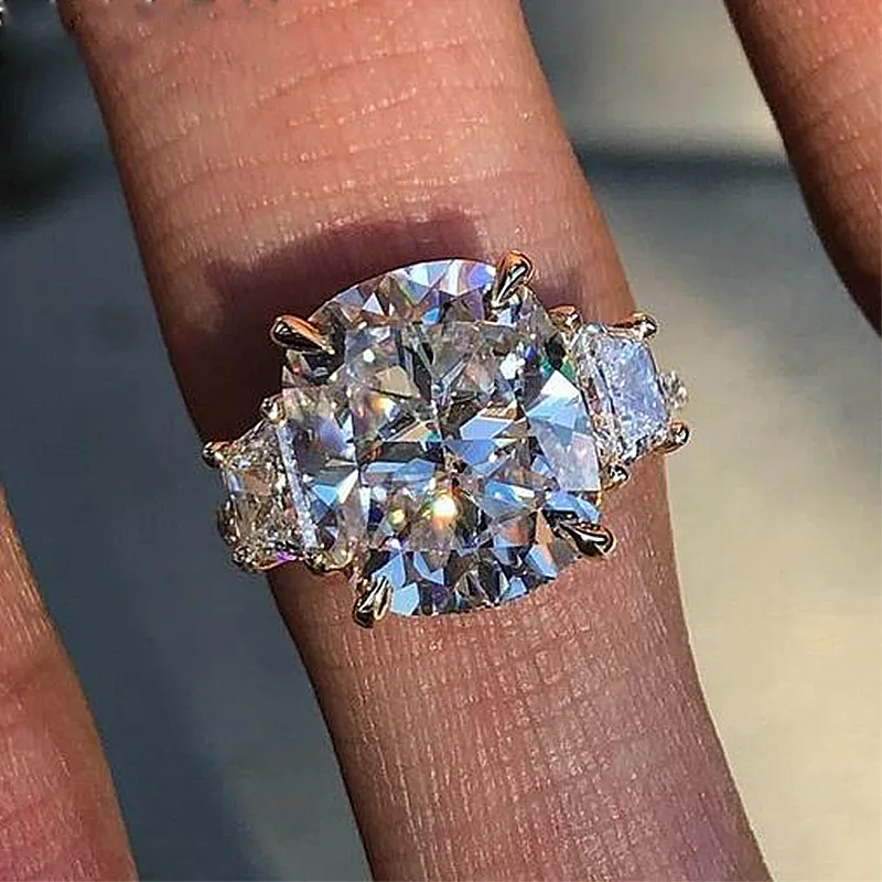 Golden Tone Cushion Cut Three Stone Engagement Ring In Sterling Silver shineofdiamond