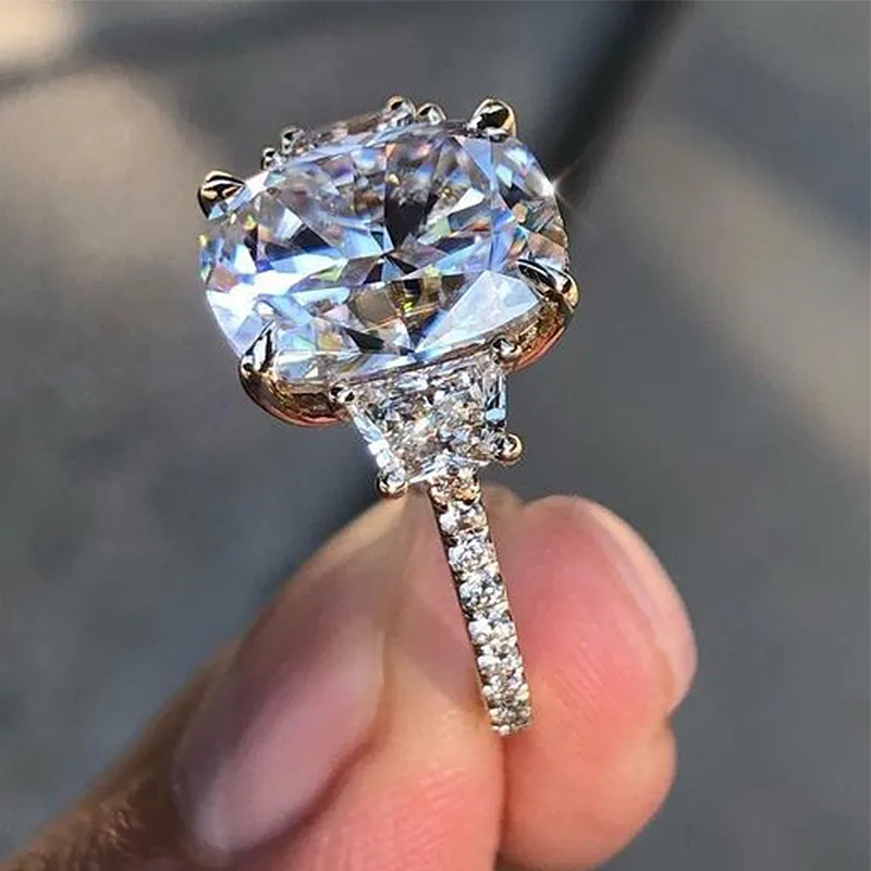 Golden Tone Cushion Cut Three Stone Engagement Ring In Sterling Silver shineofdiamond