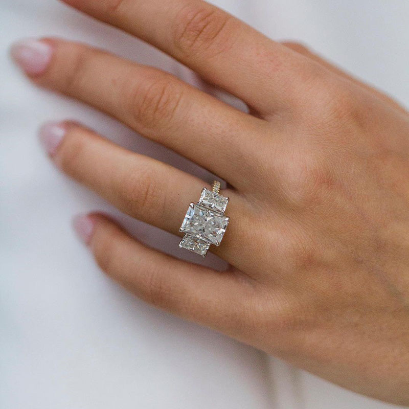 Luxurious Two-Tone Three Stone Radiant Cut Sterling Silver Engagement Ring Shineofdiamond