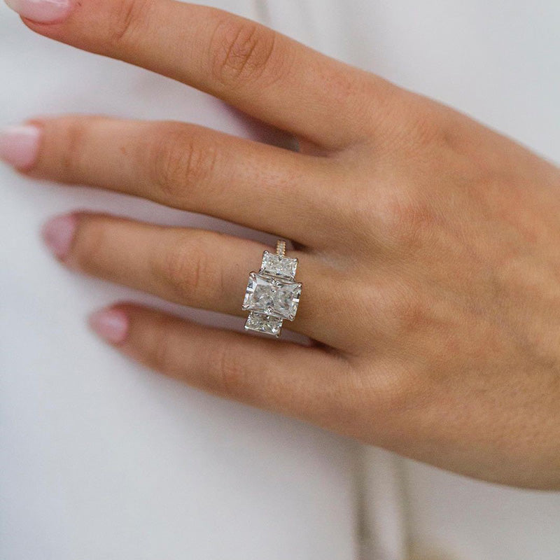 Luxurious Two-Tone Three Stone Radiant Cut Sterling Silver Engagement Ring Shineofdiamond