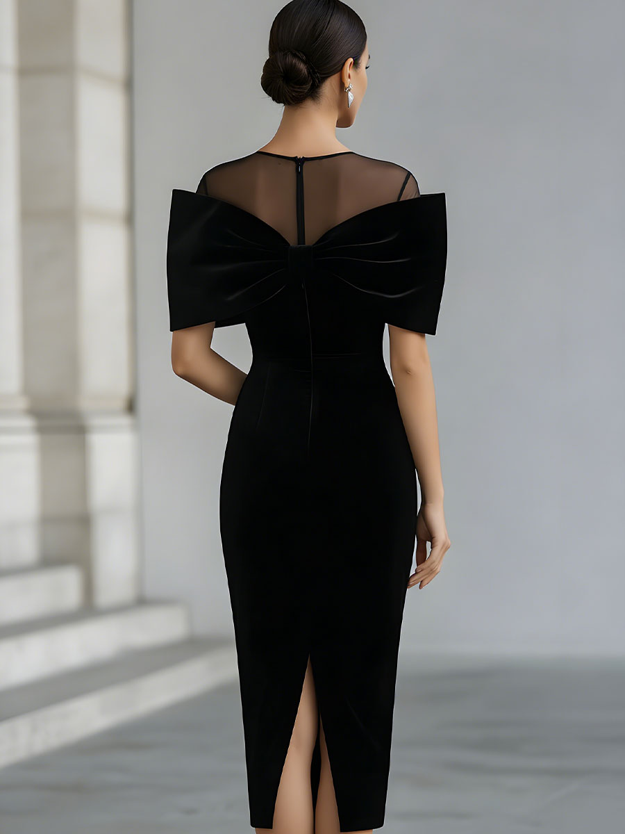 Dramatic Black Velvet Bow Midi Dress SN