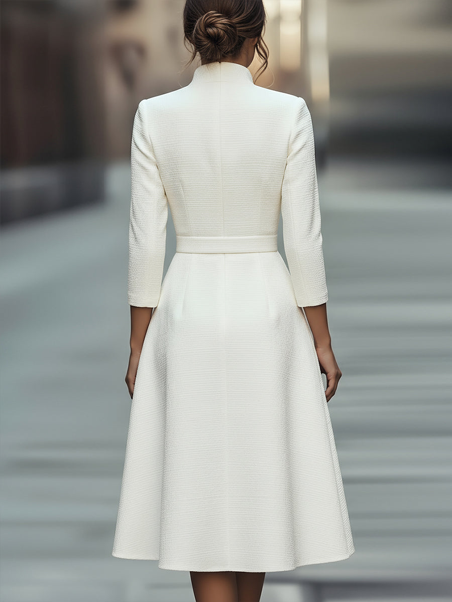 White Textured Belted Midi Dress With V-Neckline ZJ
