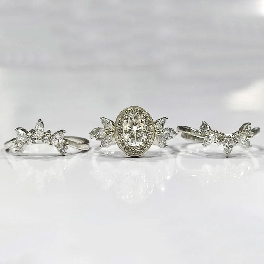 Crown Design Oval Cut Cluster Sterling Silver Bridal Ring Set hot