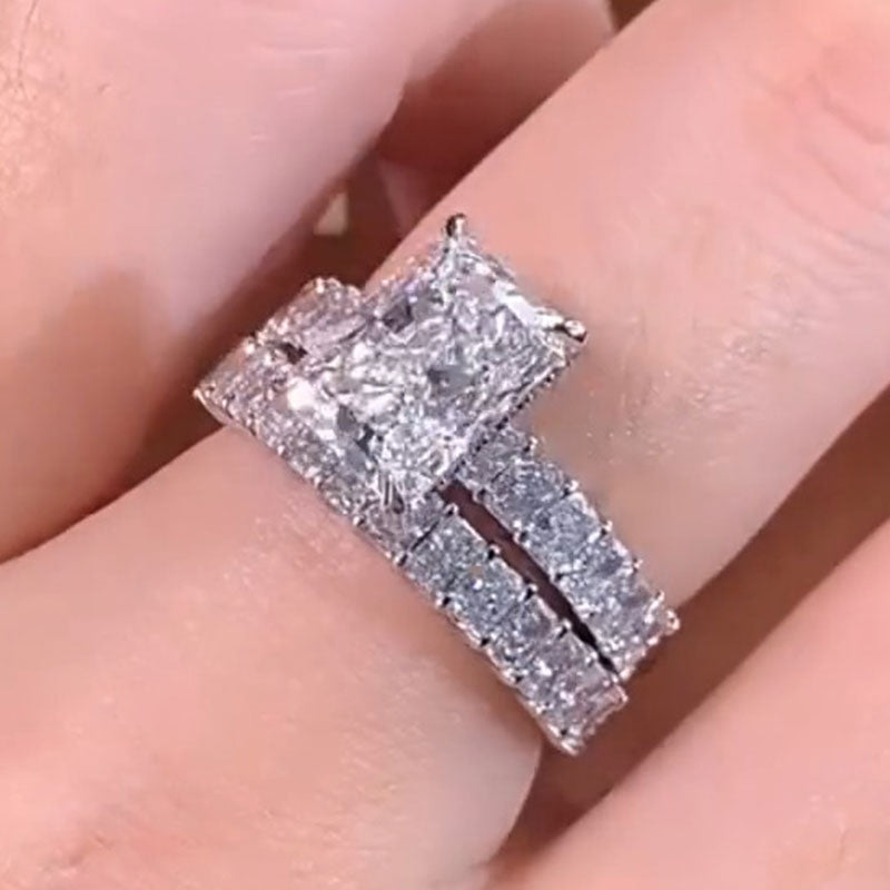 2Pcs Radiant Cut Sterling Silver Bridal Set with Eternity Band Shine of Diamond