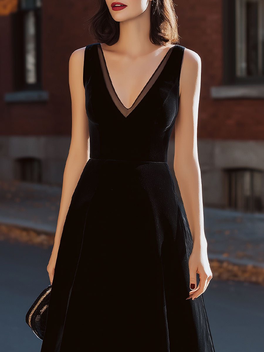 Black Velvet Sleeveless Mesh V-Neck Fit & Flare Midi Dress SN