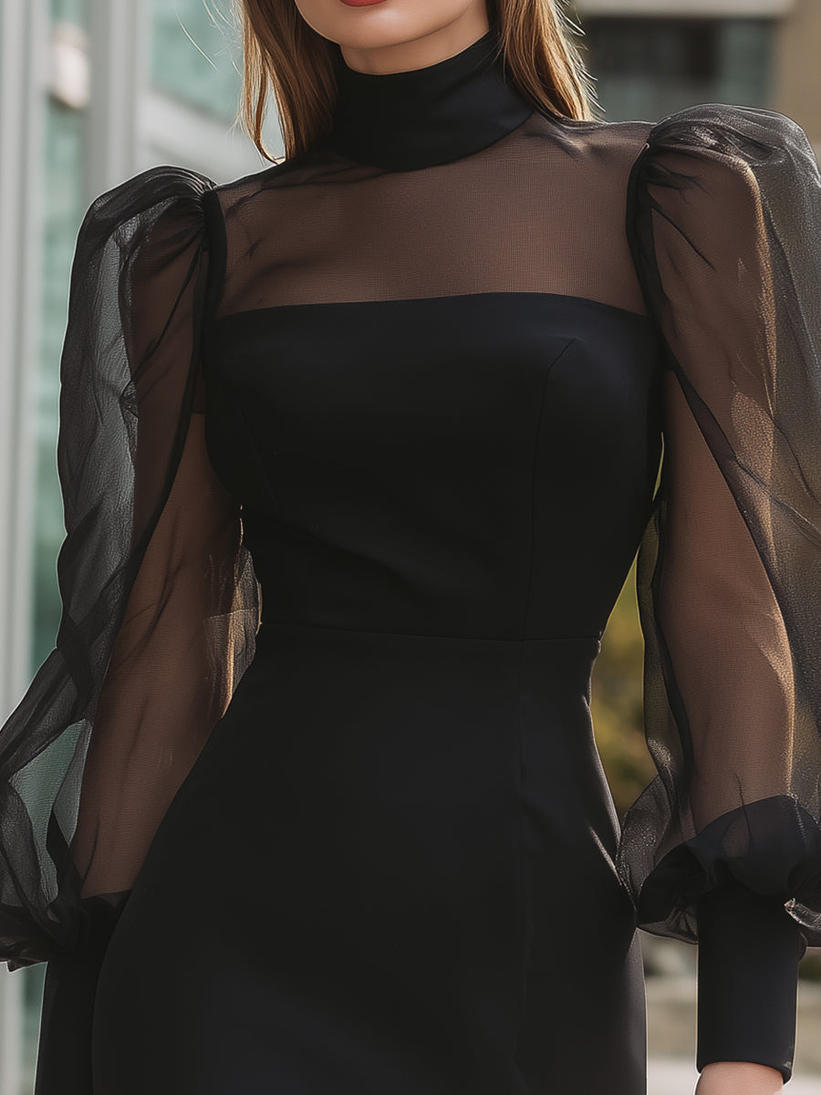 Black Sheer Puff Sleeve Structured Mini Dress ZJ