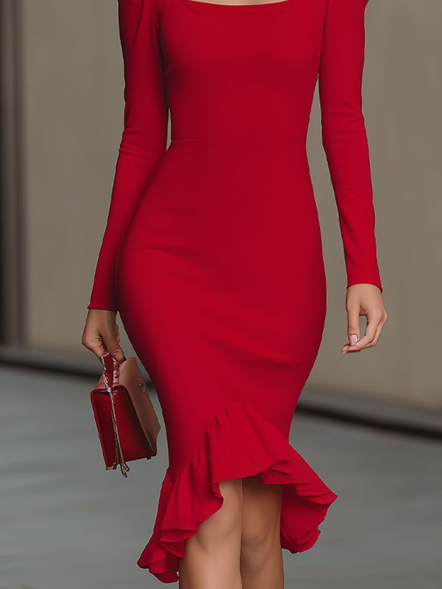 Red Square-Neck Puff-Sleeve Bodycon Midi Dress SN
