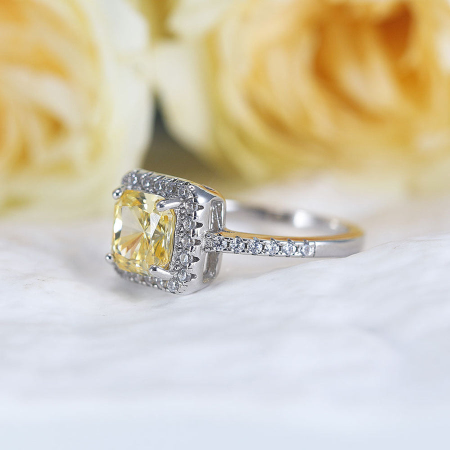 Vintage Cushion Cut Halo Design Yellow Sterling Silver Ring Shine of Diamond