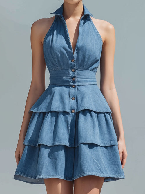Halter Neck Tiered Ruffle Denim Mini Dress ZJ