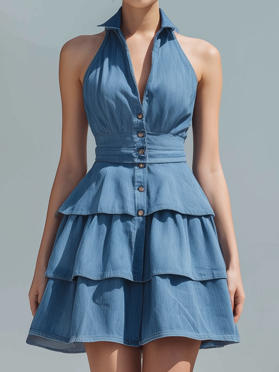 Halter Neck Tiered Ruffle Denim Mini Dress ZJ