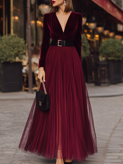 Velvet Deep V Pleated Mesh Maxi Dress With Belt MLZ