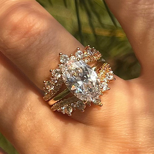 2 Pcs Hidden Halo Oval Cut Insert Bridal Set For Women Shine of Diamond