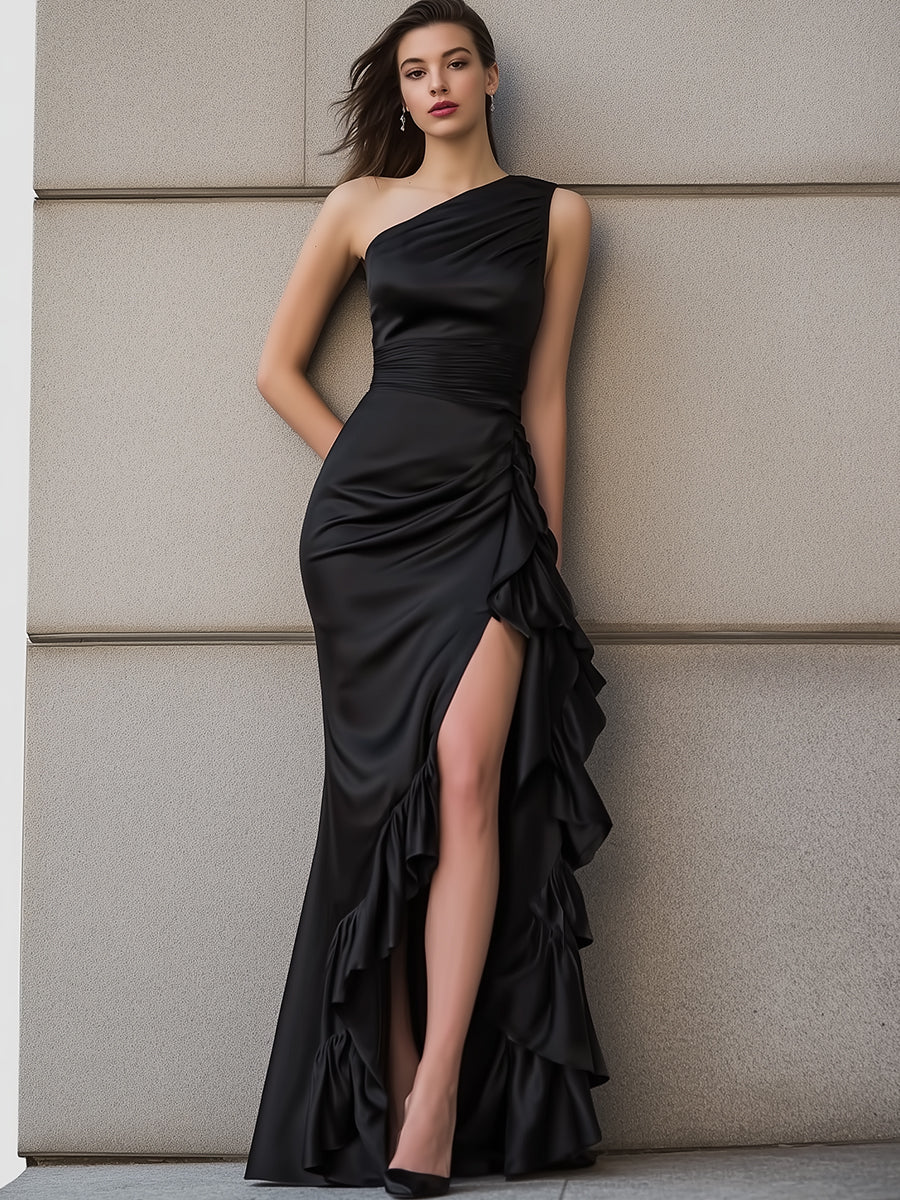 One-Shoulder Satin Gown With Cascading Layered Ruffles ZJ