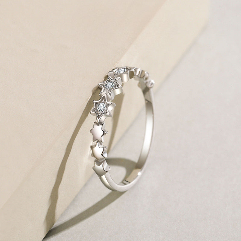 Cute Star Design Sterling Silver Band Shine of Diamond