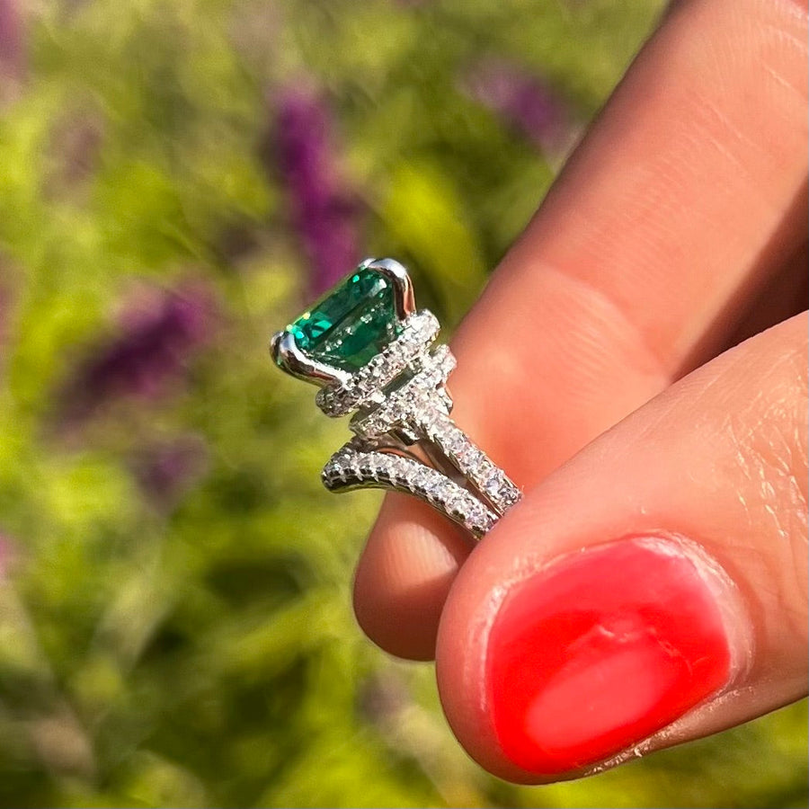 Vintage 2 Pcs Green Cushion Cut Hidden Halo Bridal Sets In Sterling Silver Shine of Diamond
