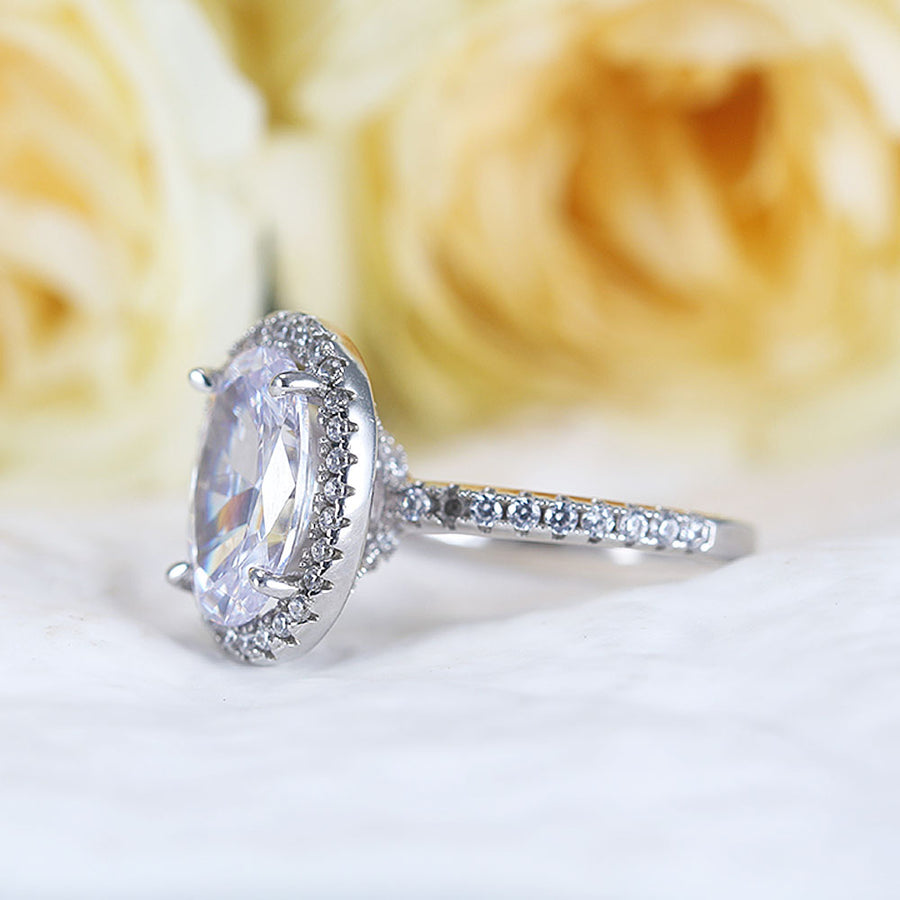 Stunning Oval Cut Halo Design Sterling Silver Engagement Ring Shine of Diamond