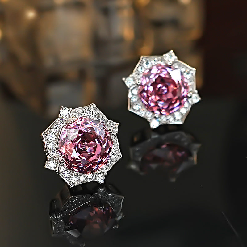 Pink Flower Design Sterling Silver Stud Earrings Shine of Diamond