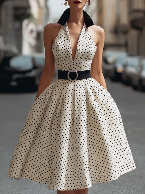 Vintage Polka Dot Halter A-Line Midi Dress With Contrast Collar HWT