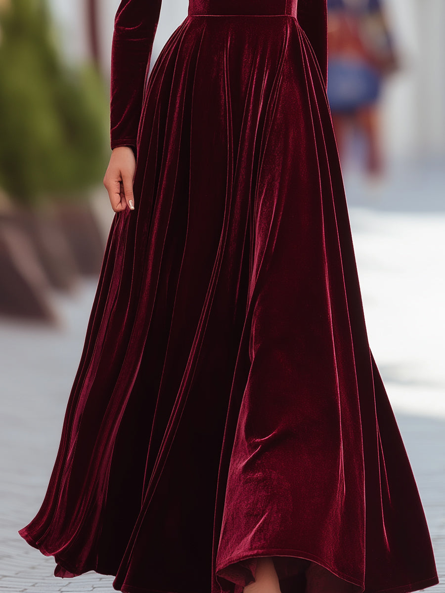 Burgundy Velvet Long-Sleeve Gown ZJ