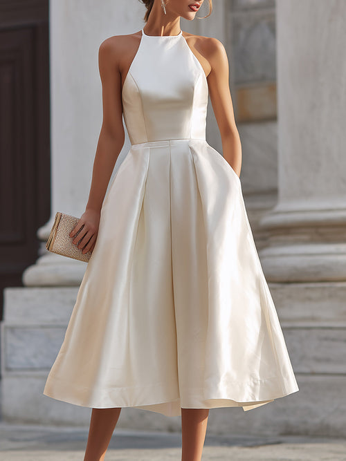 Halter-Neck Pleated Midi Dress XYS