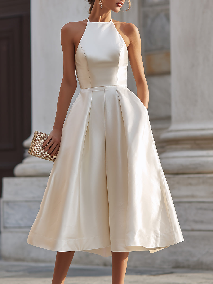 Halter-Neck Pleated Midi Dress XYS