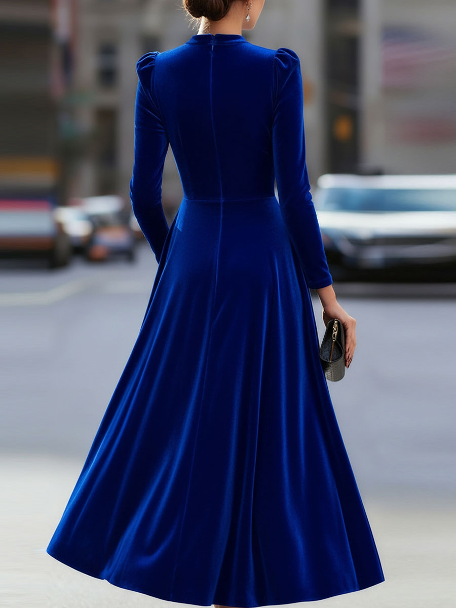 Luxurious   Velvet Long-Sleeve Midi Dress SN