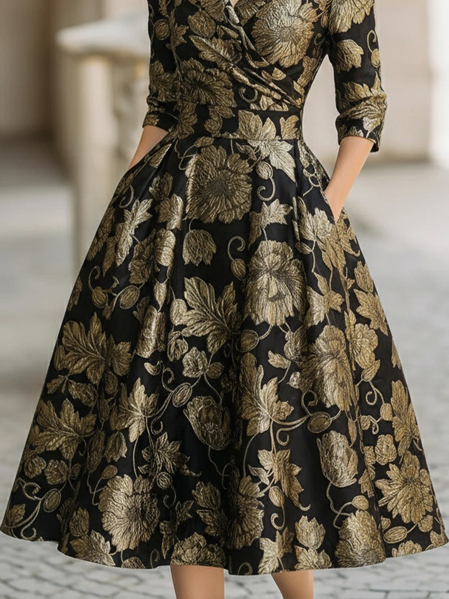 CAAYWORLD Black & Gold Jacquard Floral Midi Dress HWT