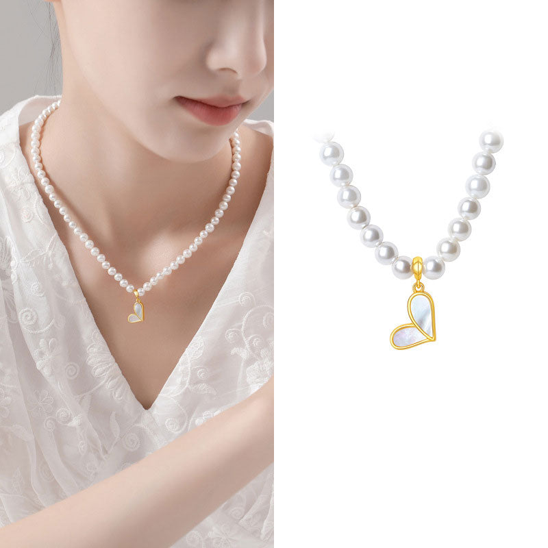 Elegant Heart Shell Pearl Pendant Necklace For Mom shine of diamond