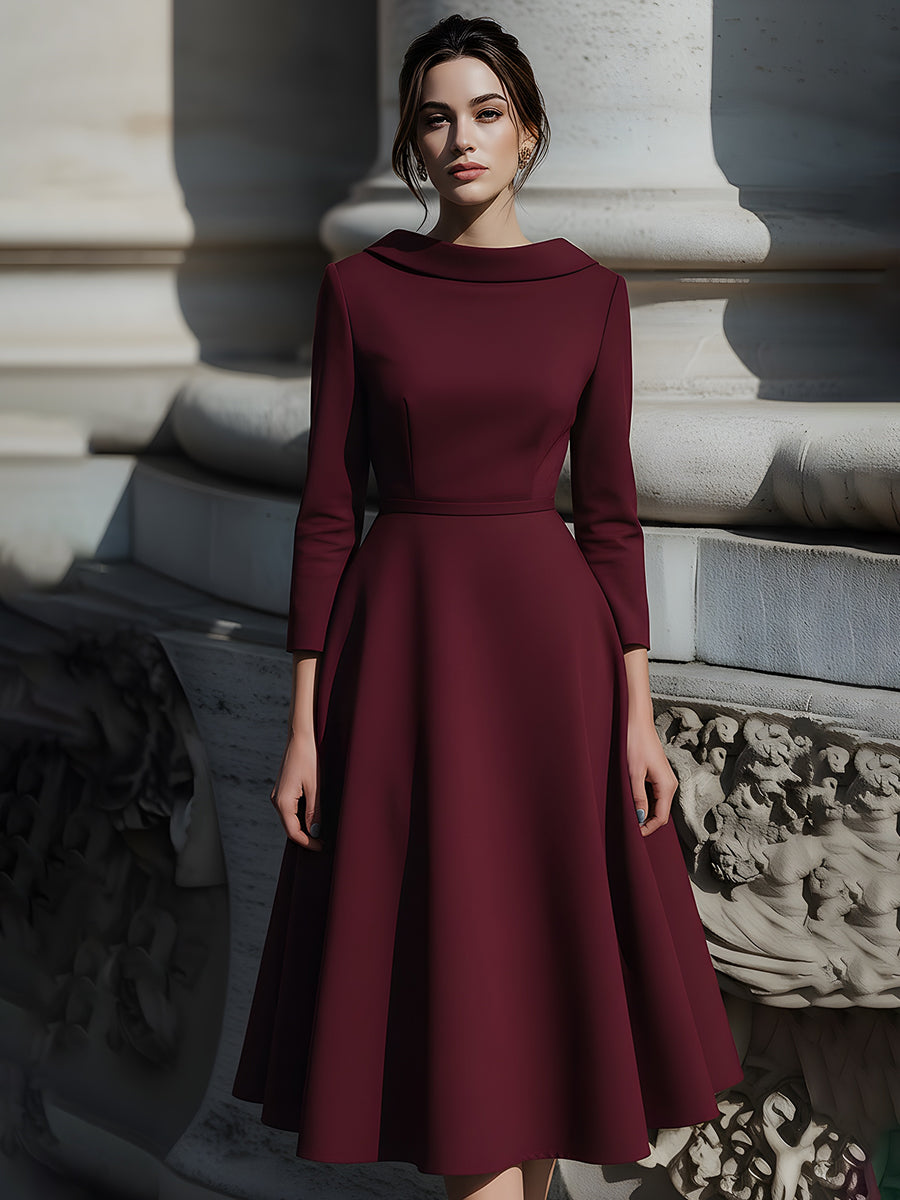 Structured Boat-Neck Burgundy Midi Dress XYS
