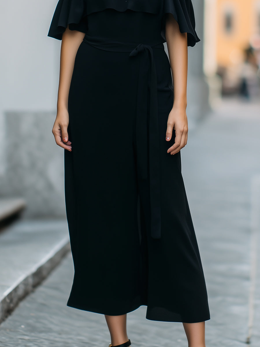 Elegant Cold-Shoulder Ruffle Detail Midi Dress HWT