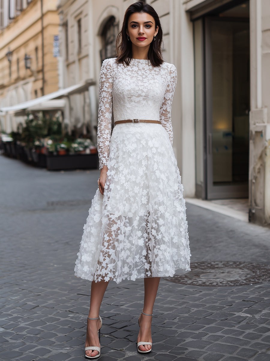 Elegant Floral Lace Long-Sleeve Midi Dress HWT