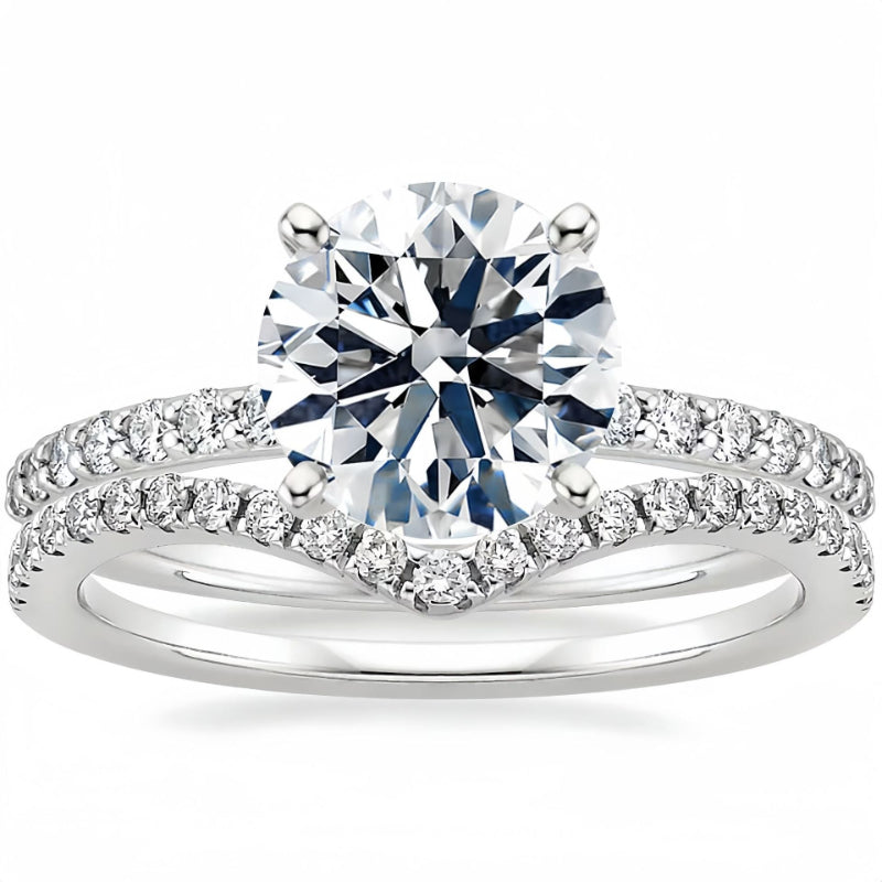 Classic 4 Prong Round Cut Sterling Silver Engagement Ring with Band Shine of Diamond