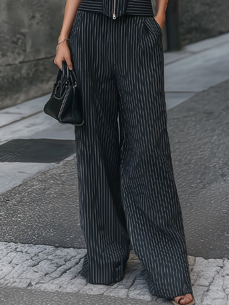 Pinstripe Halter-Neck Zip-Up Top & Wide-Leg Pants Set HWT