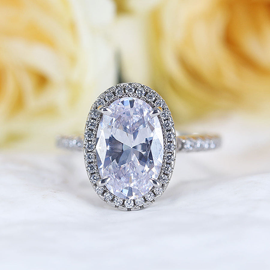 Stunning Oval Cut Halo Design Sterling Silver Engagement Ring Shine of Diamond