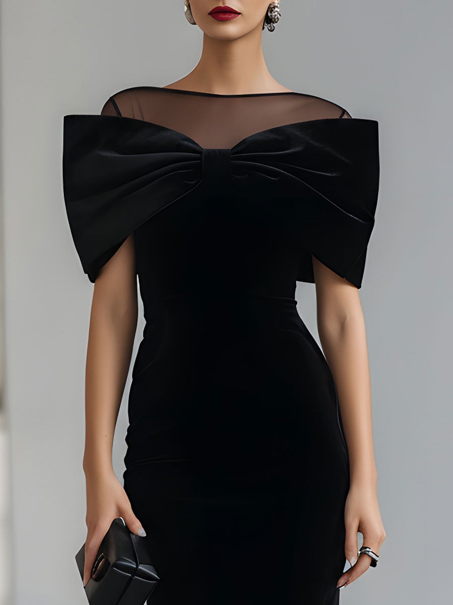Dramatic Black Velvet Bow Midi Dress SN